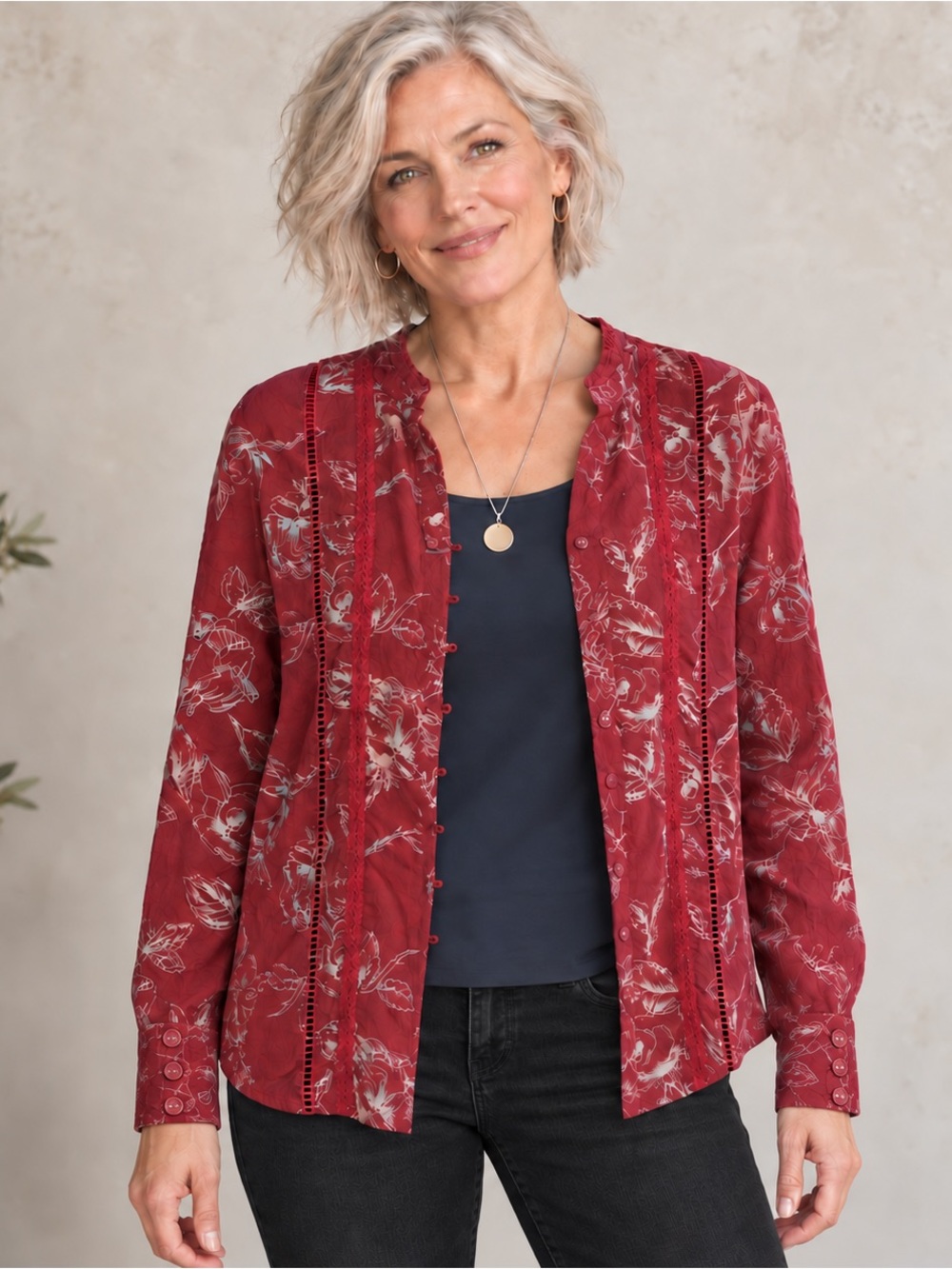 Point Zero Burgundy Floral Lace Trim Shirt Jacket Large